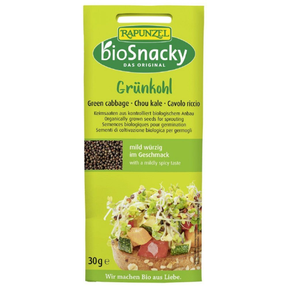 Semințe de kale pentru germinat 30g BioSnacky Rapunzel, ambalaj verde cu ilustrație salată.