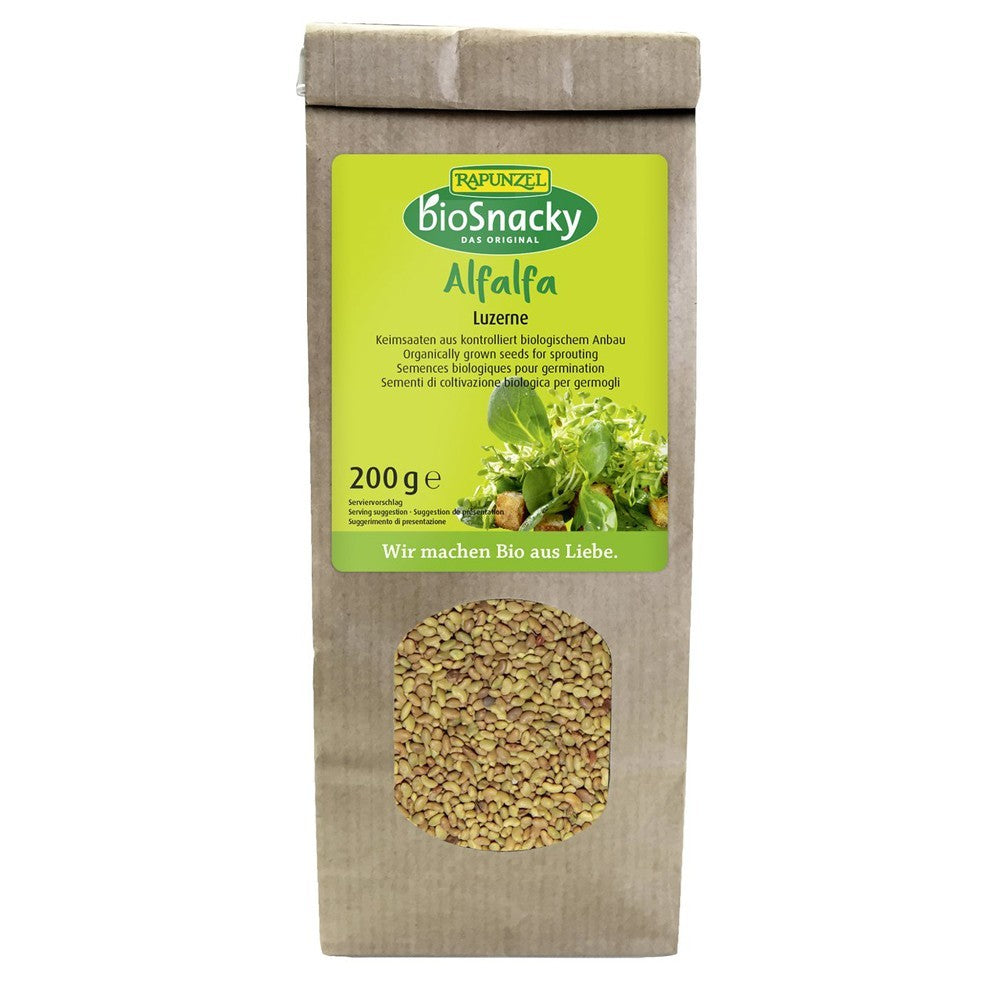 Seminte bio lucerna germinat 200g BioSnacky Rapunzel în ambalaj maro cu ferestruică.