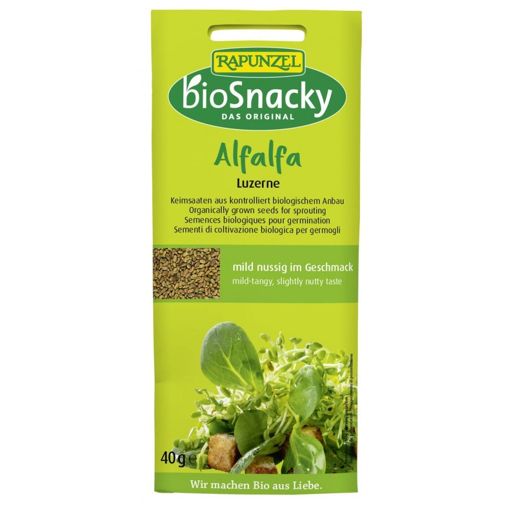 Semințe de lucernă ecologice BioSnacky Rapunzel 40g ambalaj verde cu text explicativ.