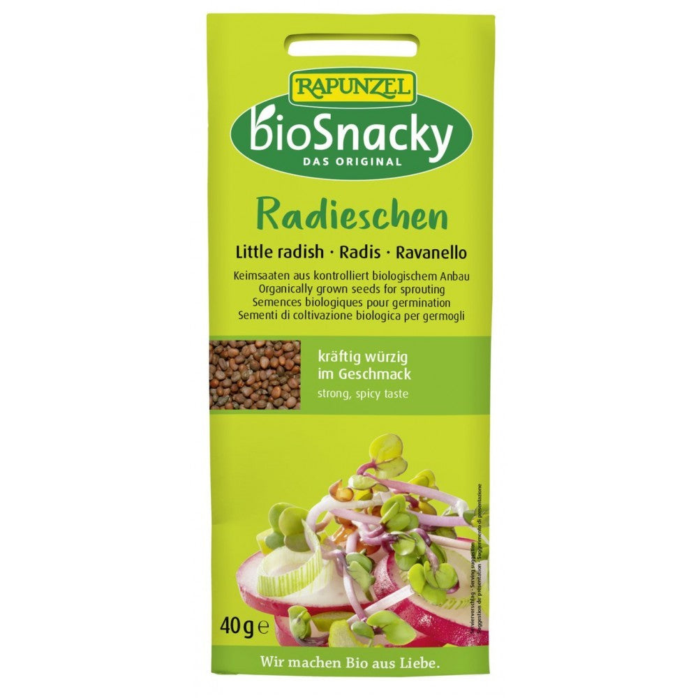 Semințe bio de ridiche pentru germinat BioSnacky Rapunzel, ambalaj verde 40g.