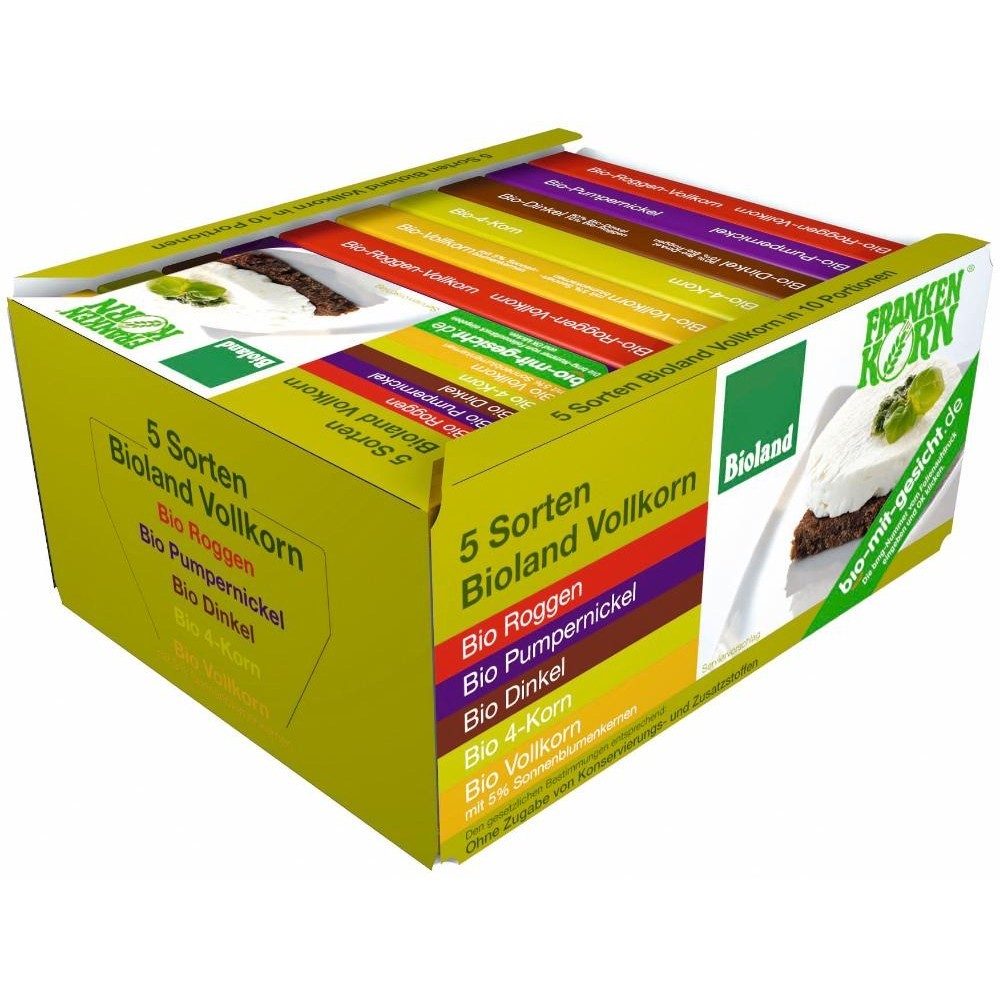 Set 5 sortimente pâine bio 500g FrankenKorn, ambalaj colorat vibrant.