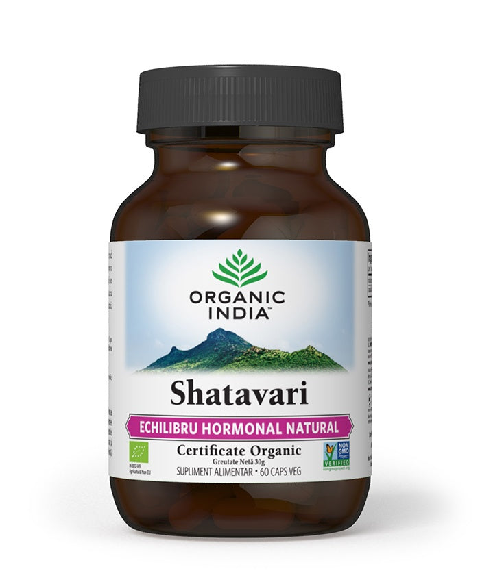 Supliment Shatavari Organic India, echilibru hormonal, 60 capsule vegetale, flacon transparent, capac negru.