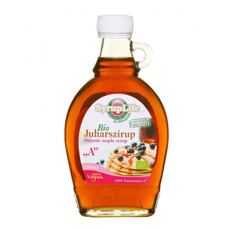 Sirop Arțar Clasa A Eco 250ml Biorganik în sticlă transparentă cu capac alb.