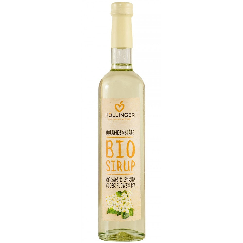 Sirop bio din flori de soc Hollinger 500ml, sticlă transparentă, etichetă bej cu flori.