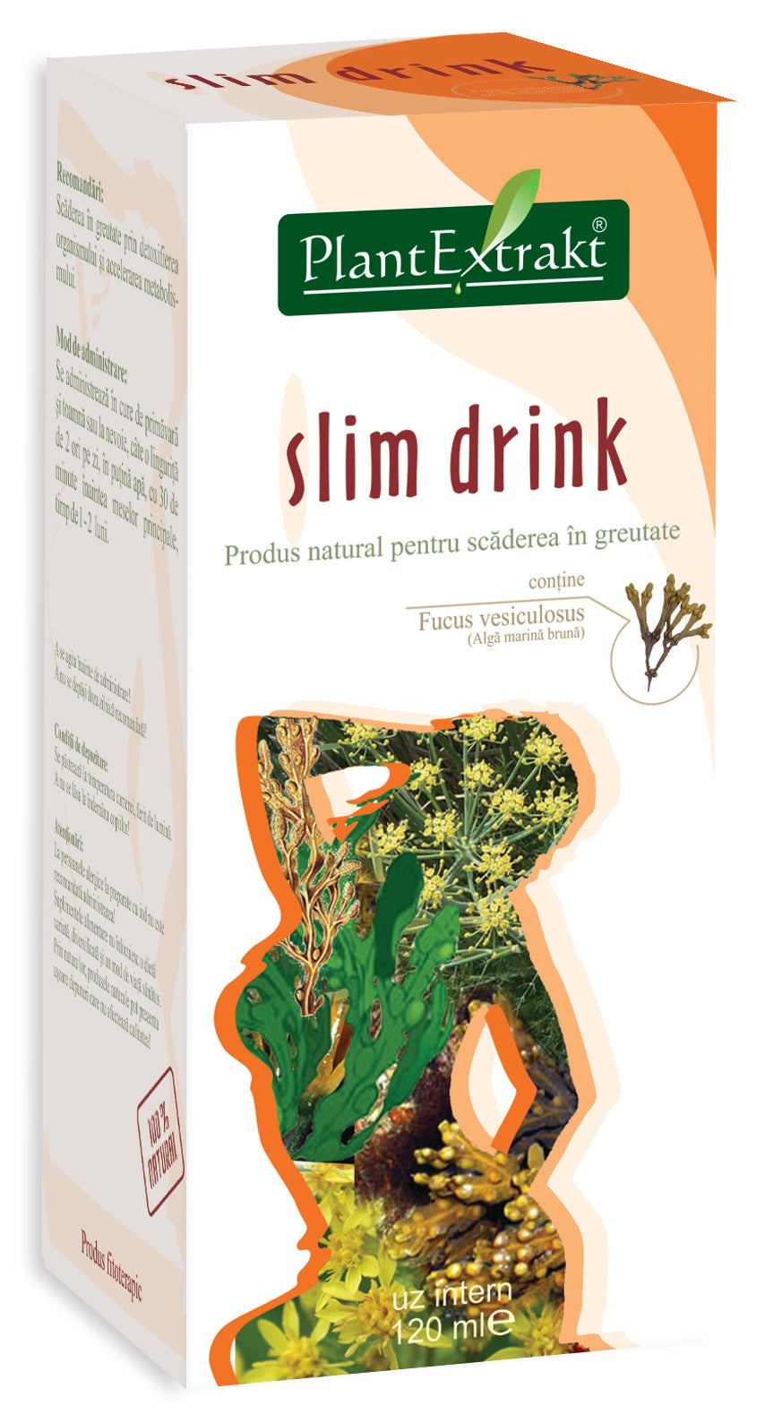 Slim drink 120 ml Plantextrakt, cutie albă cu verde și portocaliu, conține Fucus vesiculosus.