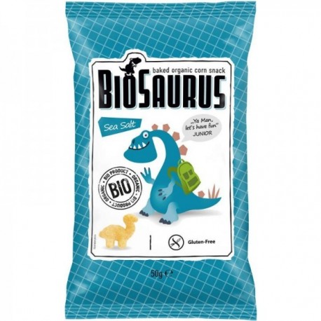 Pungă albastră Snack Porumb Eco 50g Biosaurus Junior fără gluten, cu sare de mare.