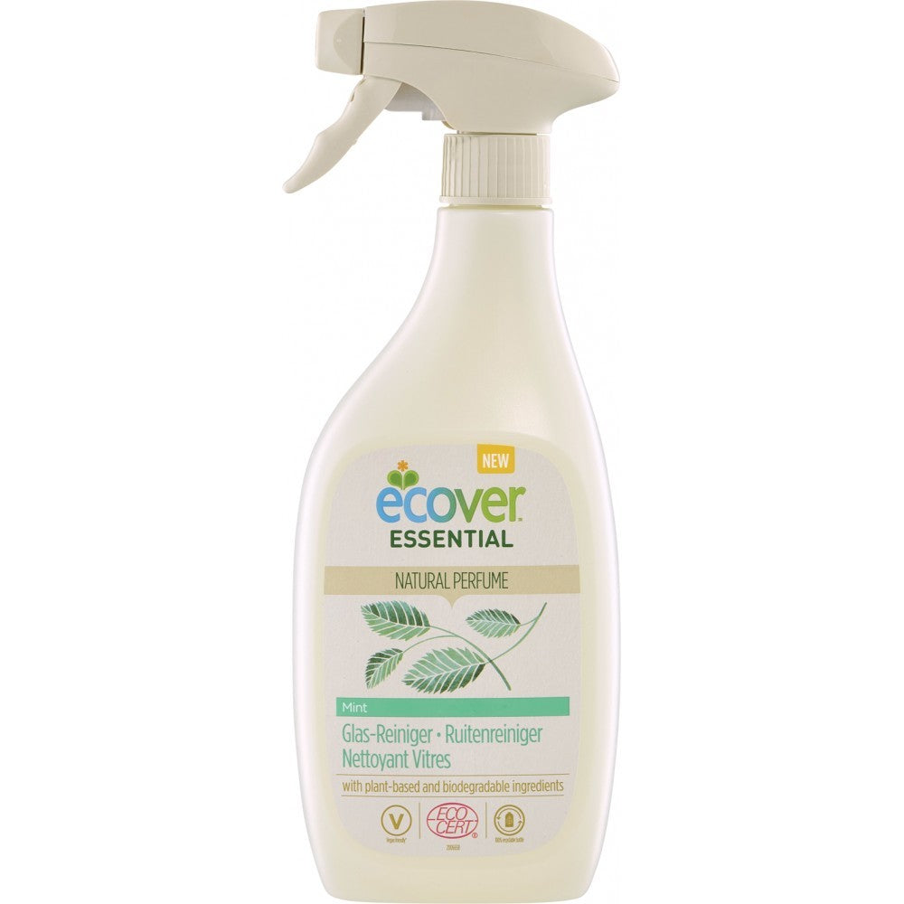 Soluție pentru curățat sticle Ecover 500ml cu pulverizator, etichetă albă și verde, ingrediente vegetale.