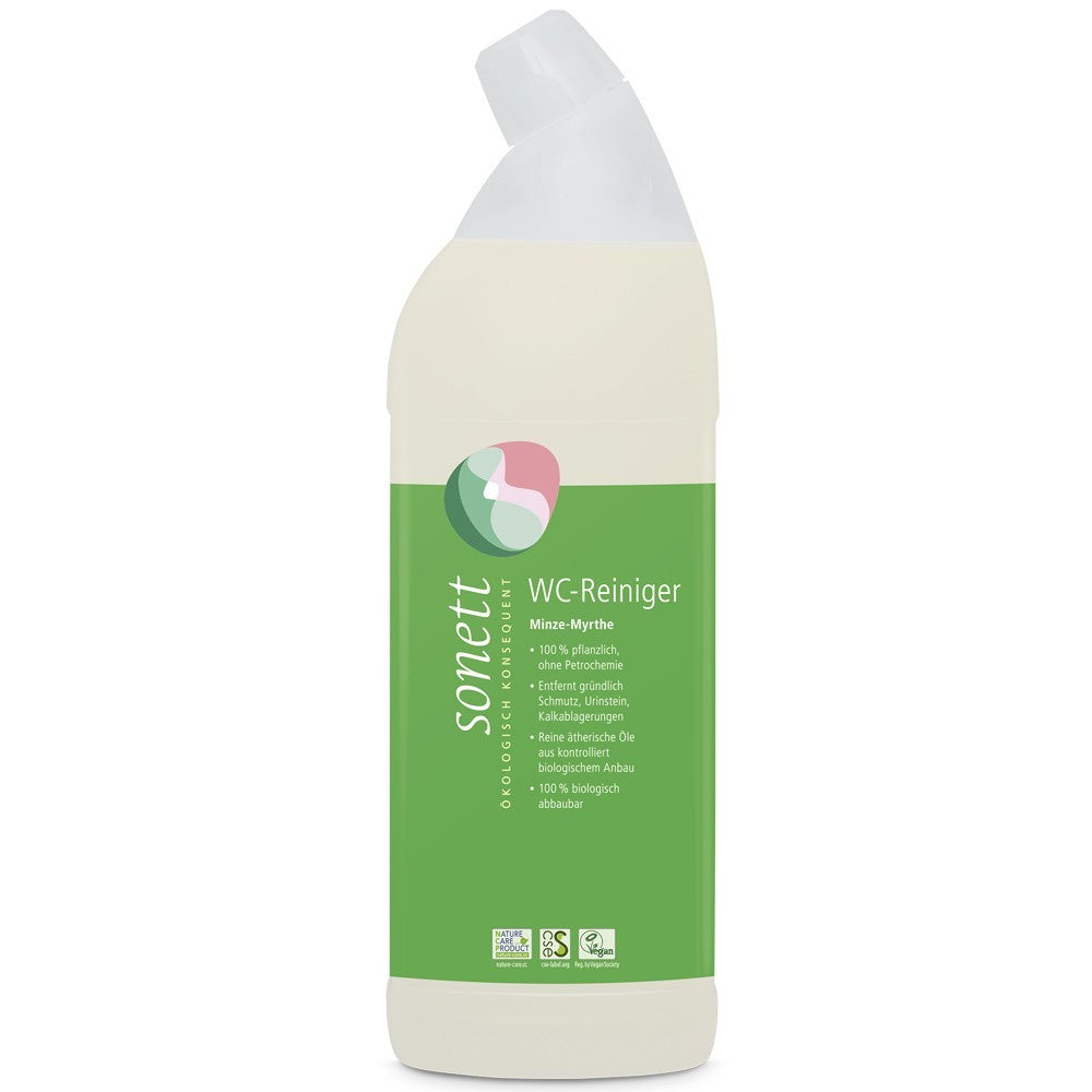Soluție organică pentru curățat toaleta Sonett 750ml, etichetă verde, formă ergonomică.