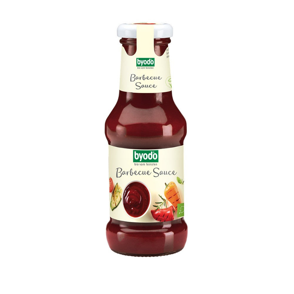 Sos barbecue fără gluten Byodo 250ml, sticlă maro, etichetă crem cu legume ilustrate.