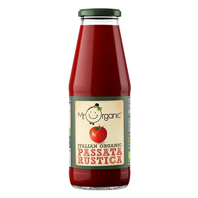 Sos bio de roșii passata rustica 690g, sticlă cu etichetă bej și roșie, capac verde.