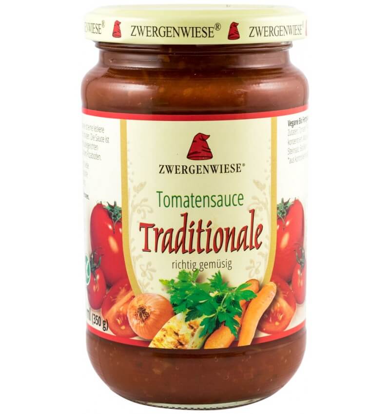 Sos bio de roșii tradițional Zwergenwiese 350g, etichetă cu roșii, ceapă și morcovi, borcan sticlă.