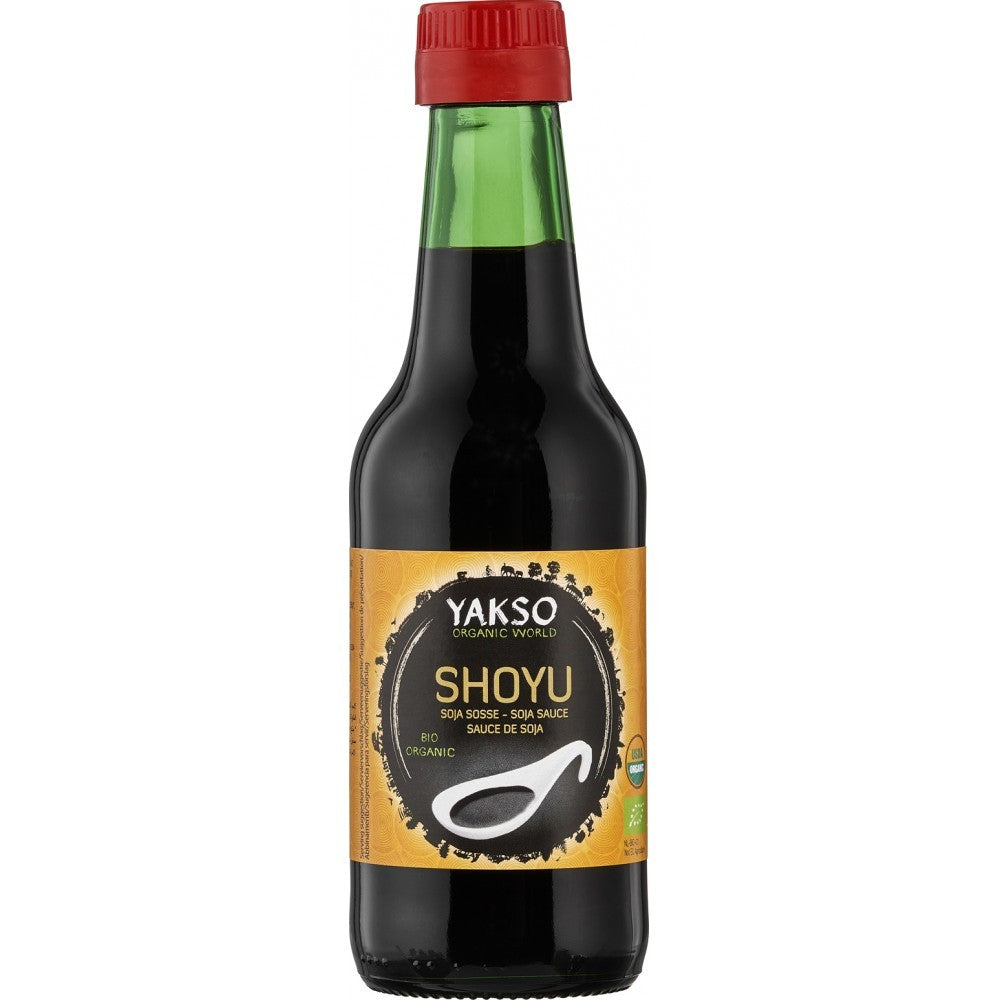 Sos bio de soia Shoyu Yakso 250ml, sticlă verde cu capac roșu, etichetă galbenă.