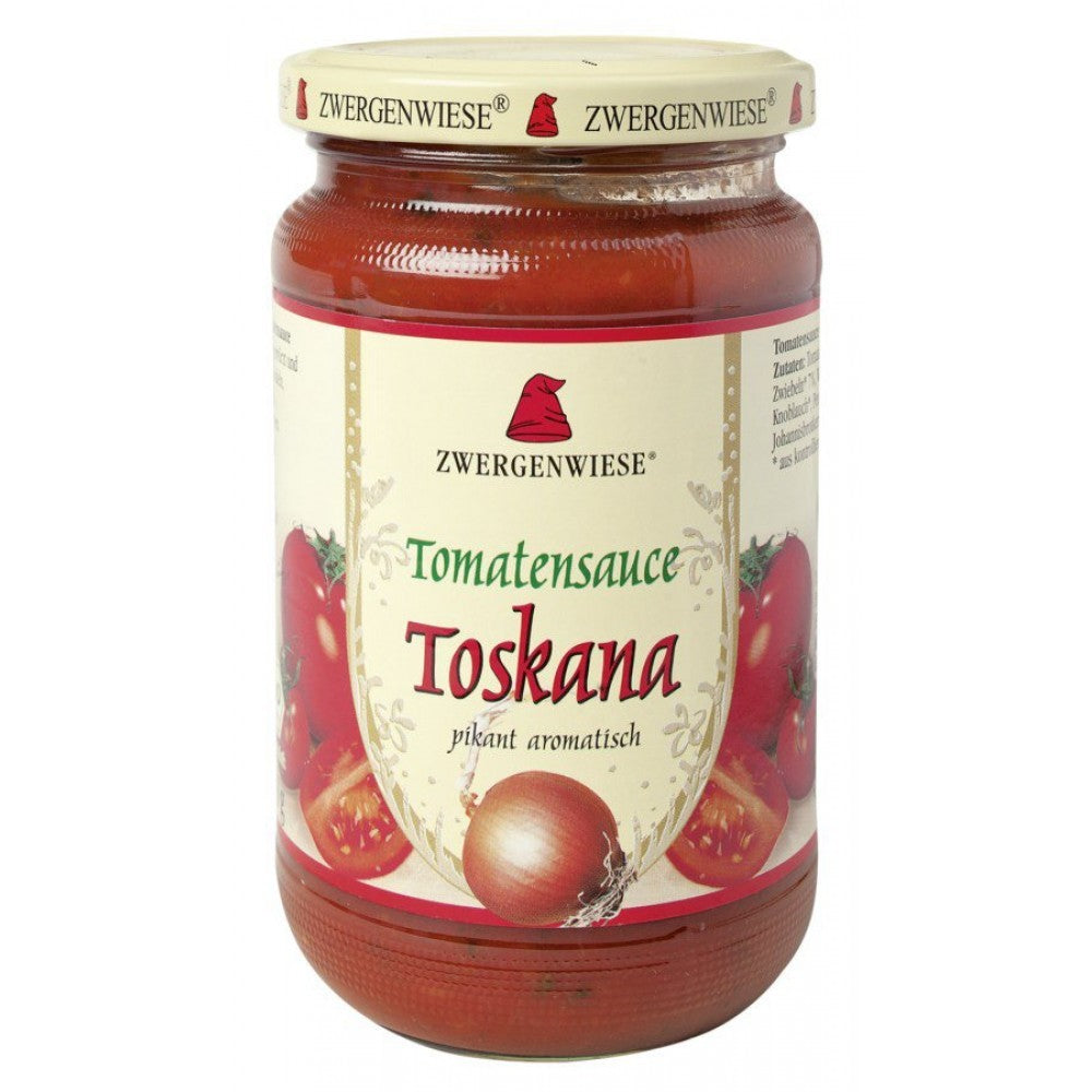 Sos bio tomate Toskana picant 340ml Zwergenwiese, ambalaj sticlă, etichetă cu roșii și ceapă.