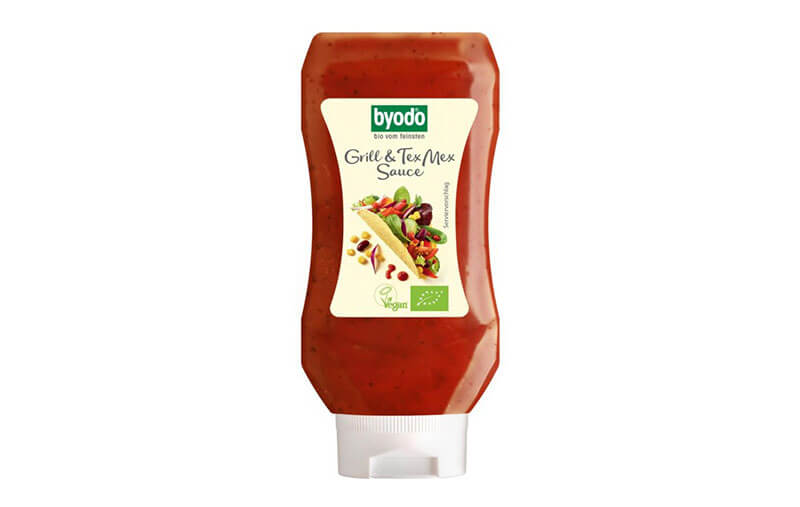 Sos Byodo Grill & Tex Mex, 300ml, sticlă roșie cu etichetă, vegan, bio.