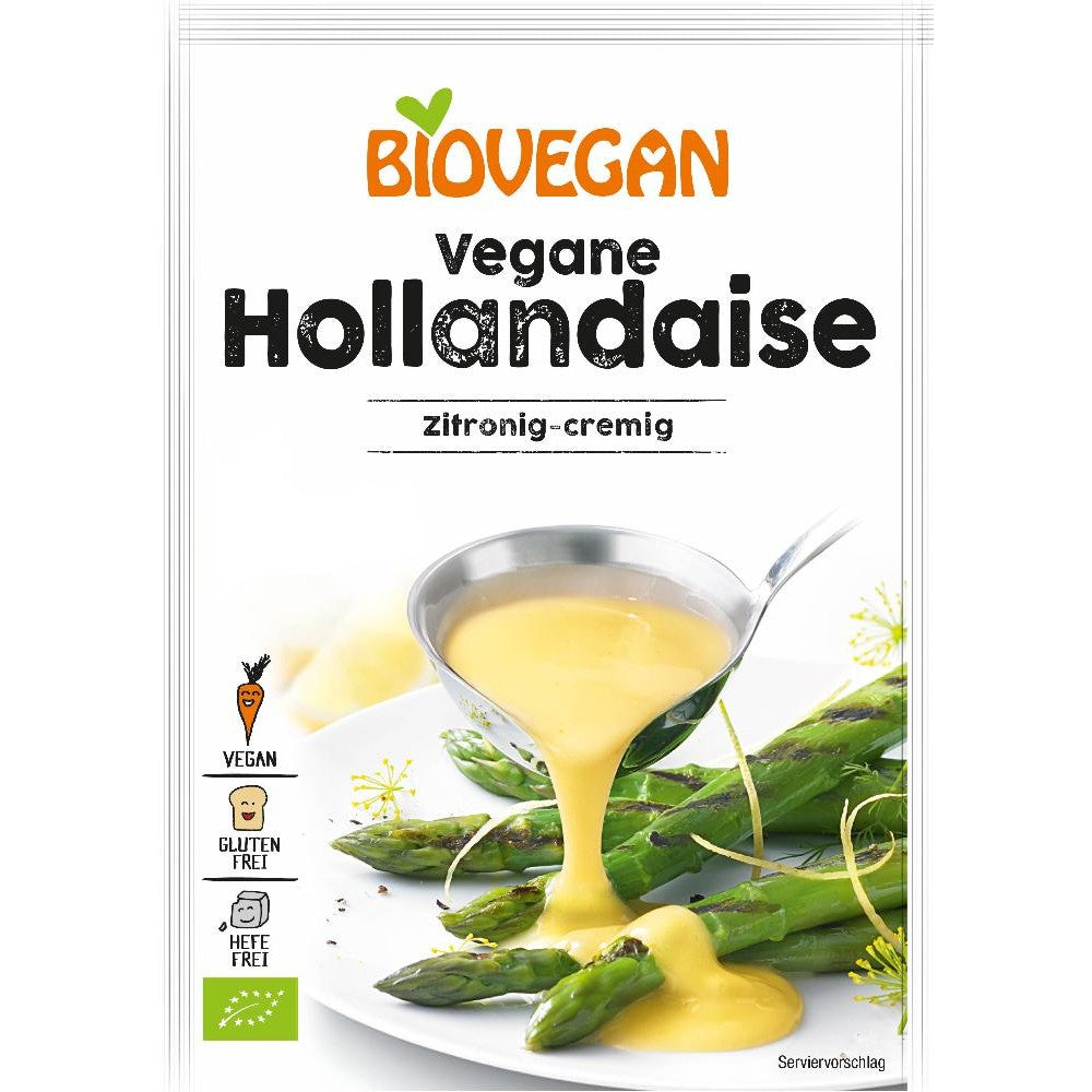 Sos olandez vegan 28g Biovegan, cremă galbenă cu sparanghel proaspăt și etichete ecologice.