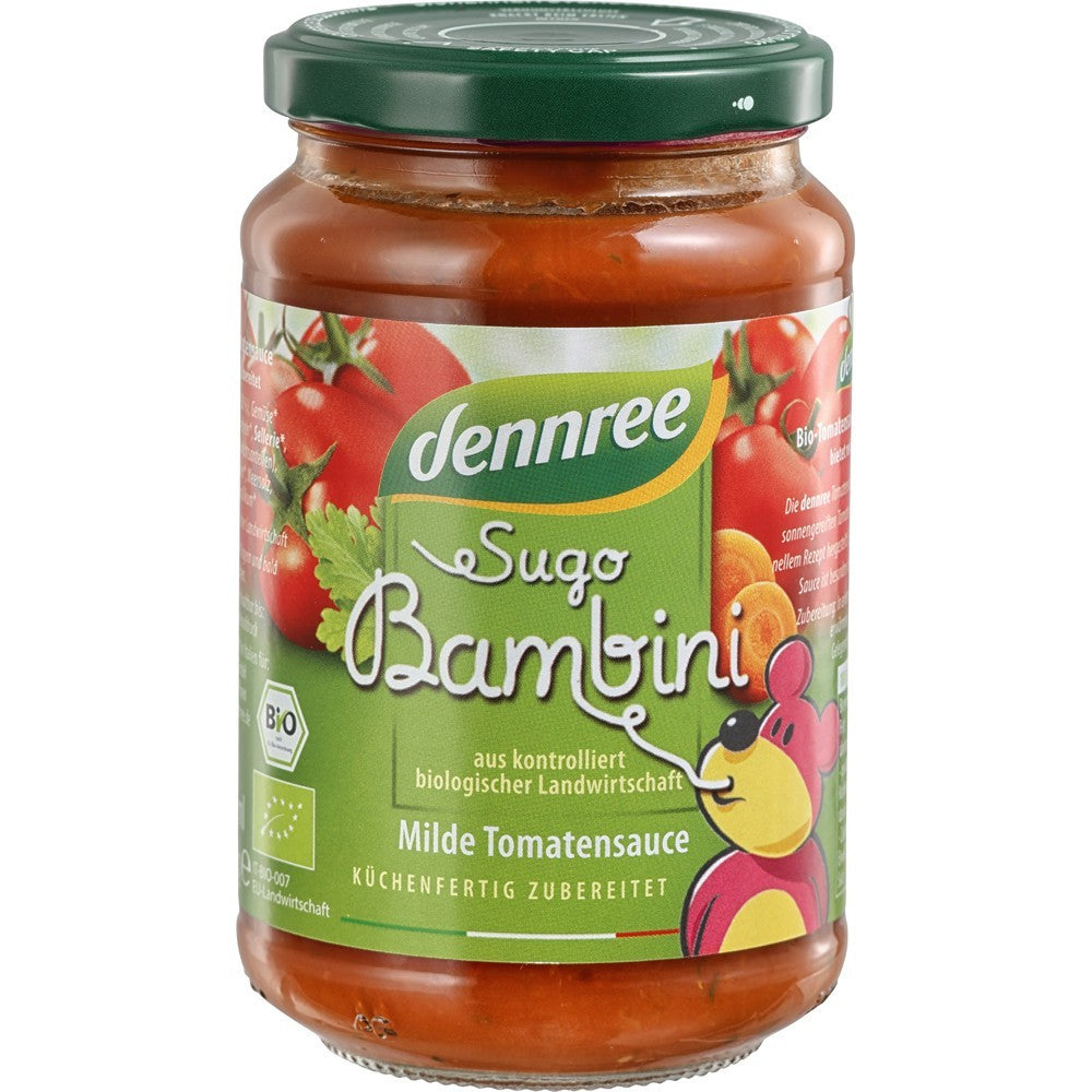 Borcan sos de roșii bio Sugo Bambini Dennree 350g, capac verde, etichetă colorată.