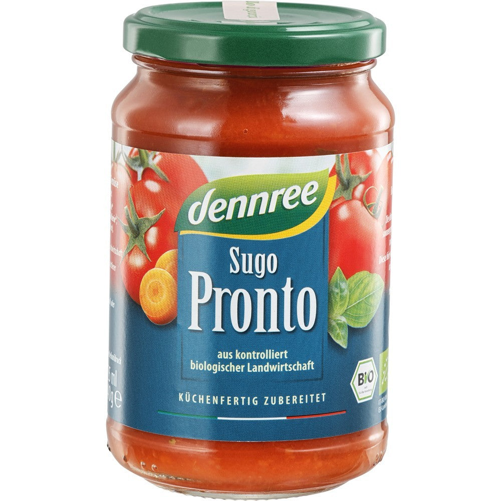 Sos de roșii bio Dennree Sugo Pronto 340g, legume și busuioc, ambalaj din sticlă cu etichetă colorată.