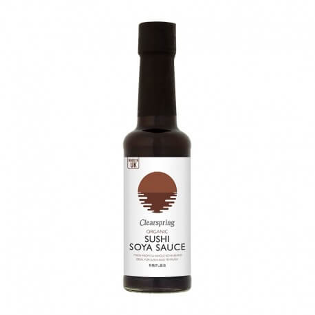 Sos Soia Sushi Eco Clearspring 150ml, sticlă neagră cu etichetă albă, simbol soare japonez.