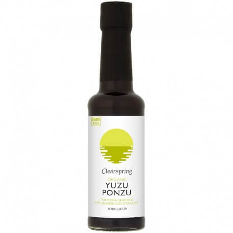 Sos de Soia Yuzu Ponzu Bio 150ml Clearspring, sticlă neagră cu etichetă albă și design galben.
