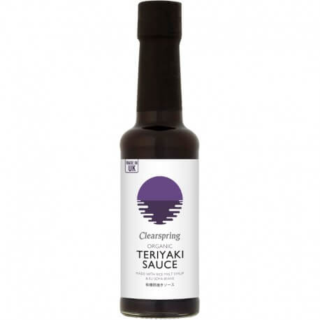 Sos Teriyaki Bio Clearspring 150ml în sticlă neagră, etichetă mov și albă.