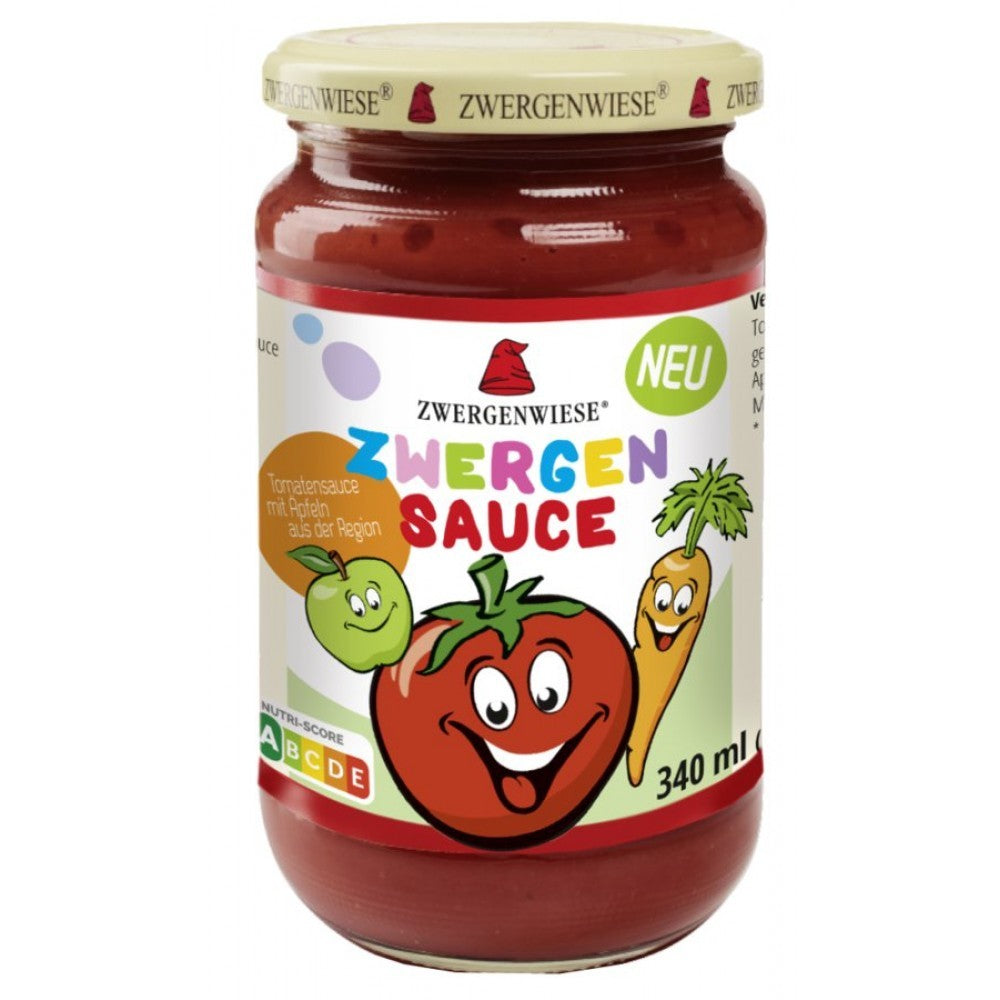 Sos bio de tomate Zwergenwiese pentru copii, 340ml, cu mere, morcovi, etichetă colorată veselă.
