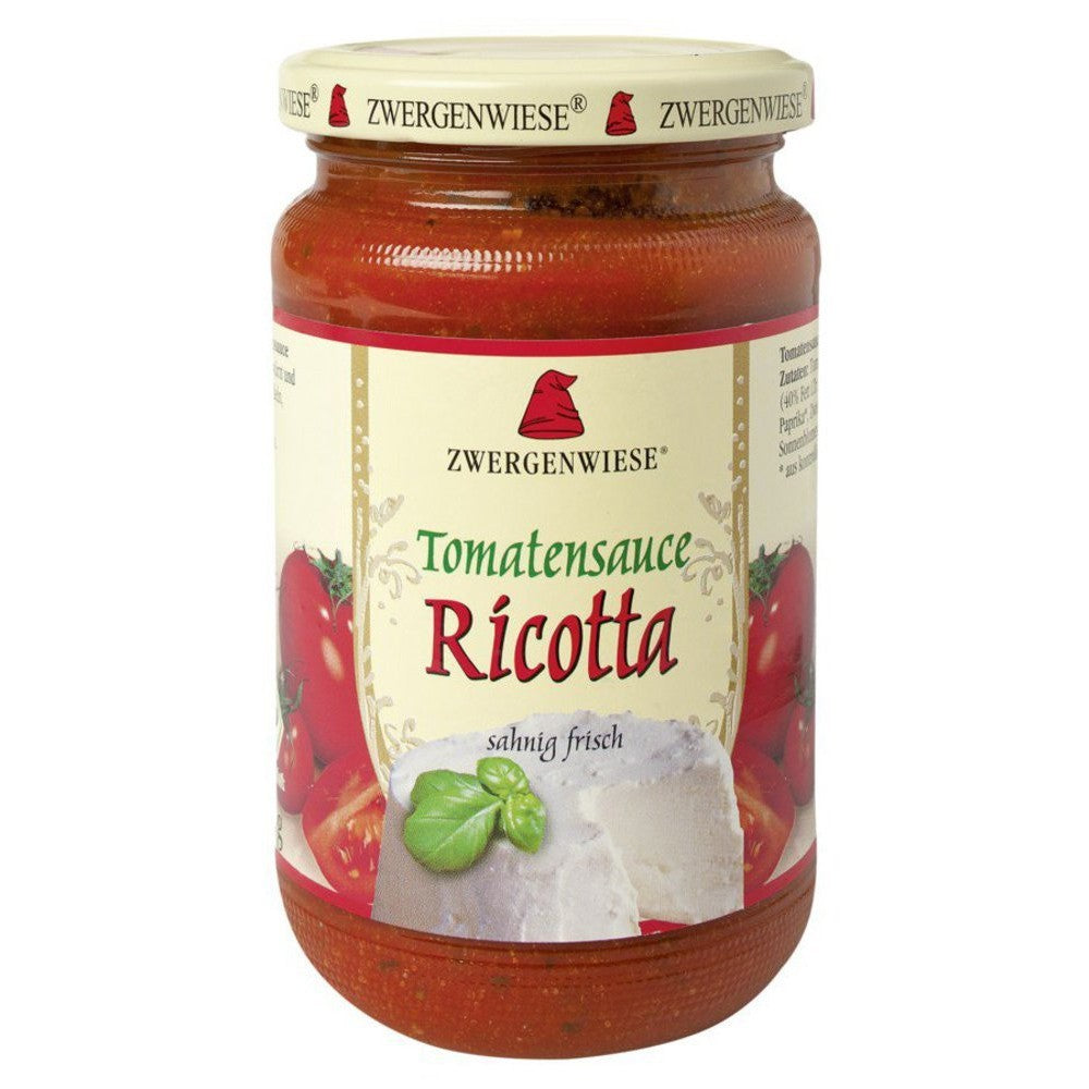 Borcan sos de tomate ricotta 340ml Zwergenwiese, roșu, etichetă cu roșii și ricotta.