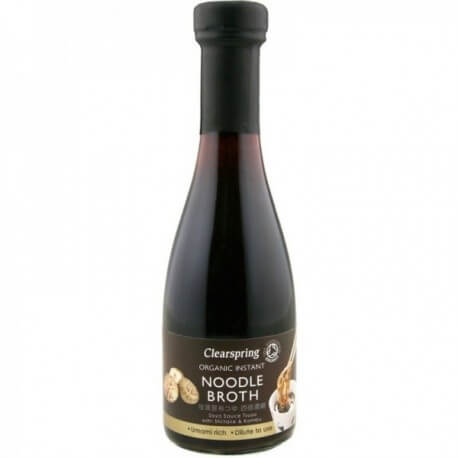 Sos Tsuyu Clearspring 245ml, sticlă neagră cu etichetă maro, text alb și imagini ciuperci shiitake.