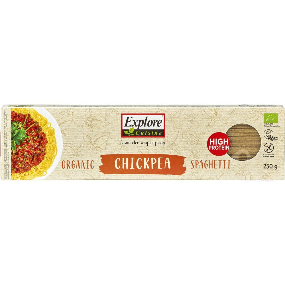 Spaghetti bio din năut fără gluten Explore Cuisine, pachet 250g, etichetă maro.