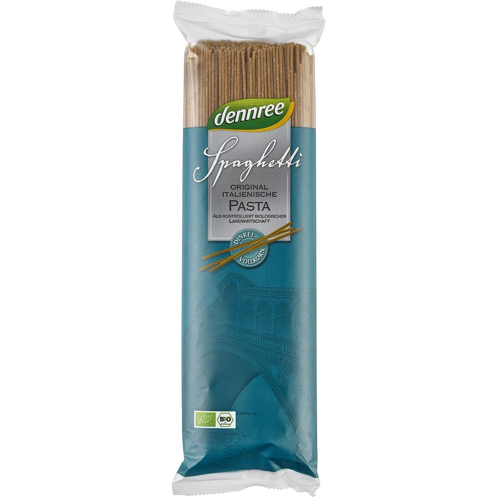 Spaghetti din spelta integrală Dennree 500g, ambalaj albastru-verde, 100% bio.