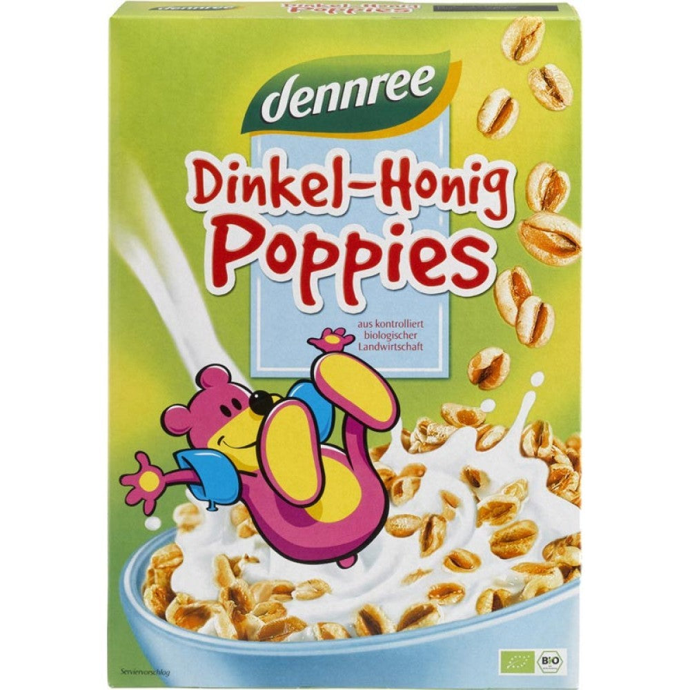 Spelta expandată cu miere Dennree 375g, cutie verde cu desen urs roz și cereale.