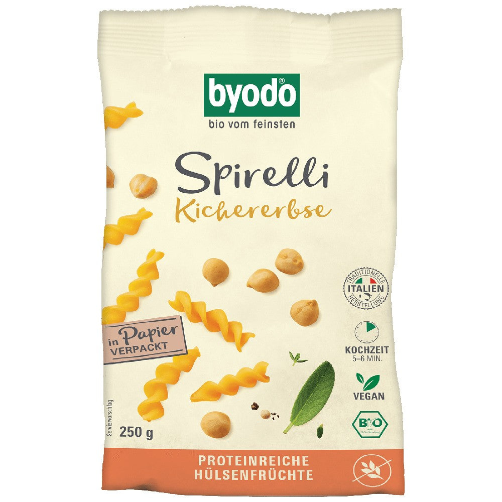 Spirelli bio din naut Byodo 250g, ambalaj hârtie, paste galbene, etichetă vegană, fără gluten.