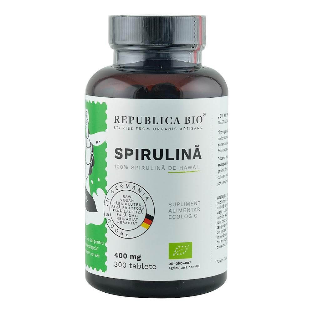 Spirulina de Hawaii BIO, 400mg, 300 tablete, Republica Bio, cutie verde cu etichetă albă.
