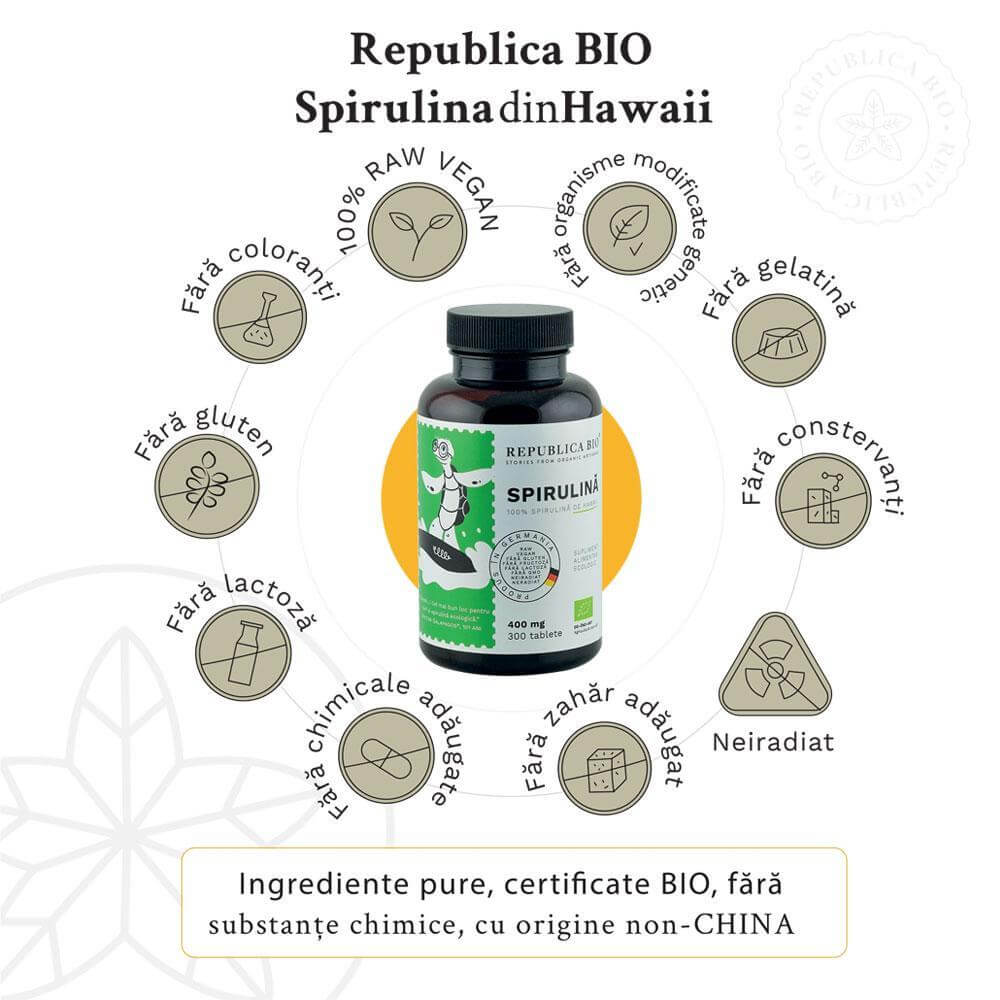 Flacon negru Spirulina Hawaii BIO 400mg, etichetă verde-albă, fără gluten, vegan, fără aditivi, 300 tablete.