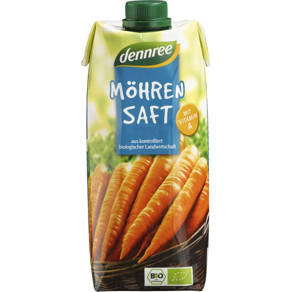 Suc de morcovi bio Dennree 500ml, ambalaj verde cu morcovi portocalii și capac verde.
