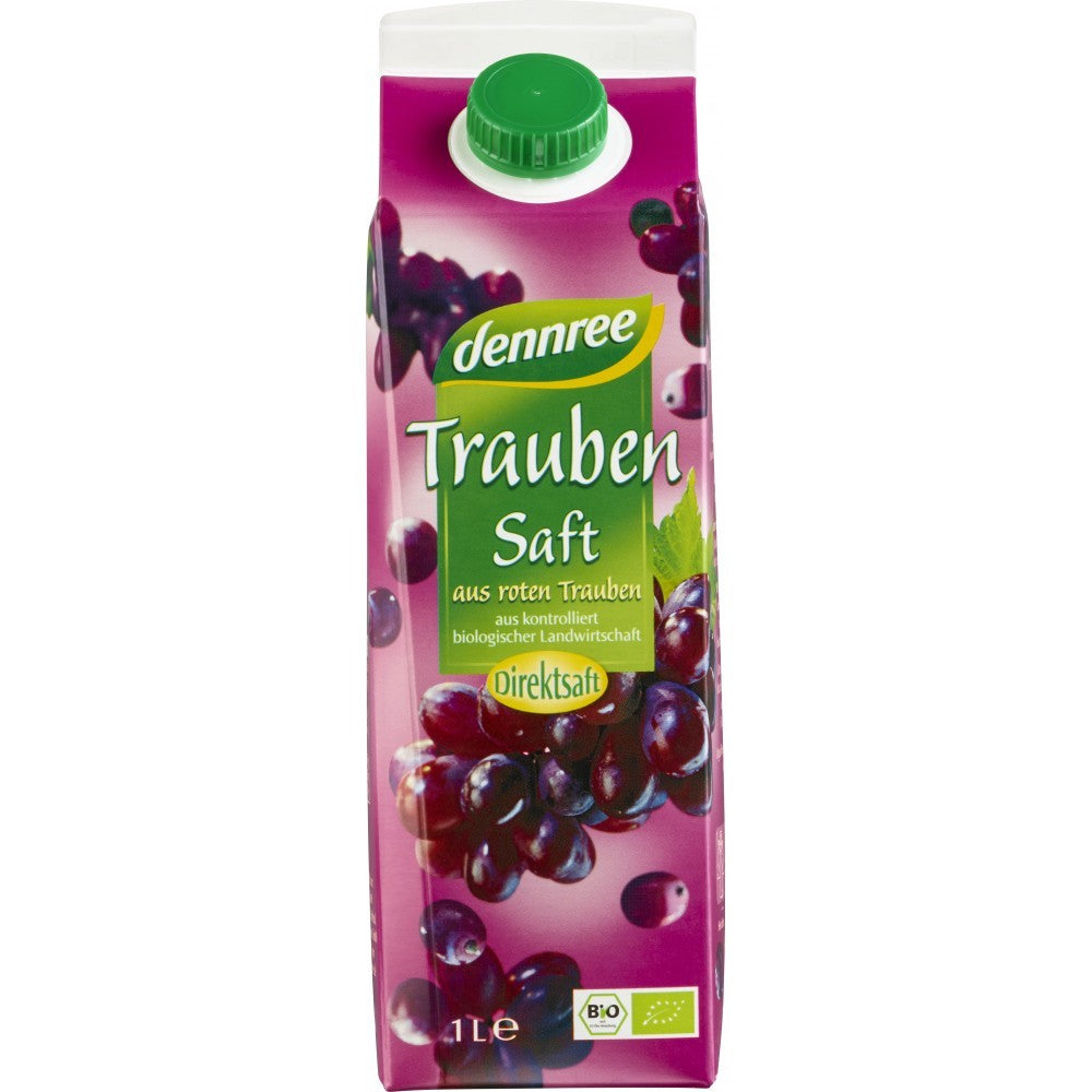 Suc de struguri roșii bio Dennree 1L, ambalaj carton, capac verde, etichetă mov.