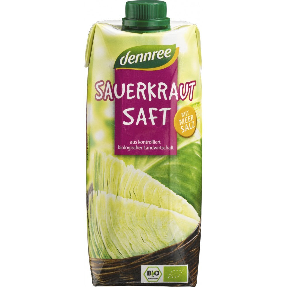 Suc bio de varza murata Dennree 500ml ambalaj carton, verde și alb, fără conservanți.