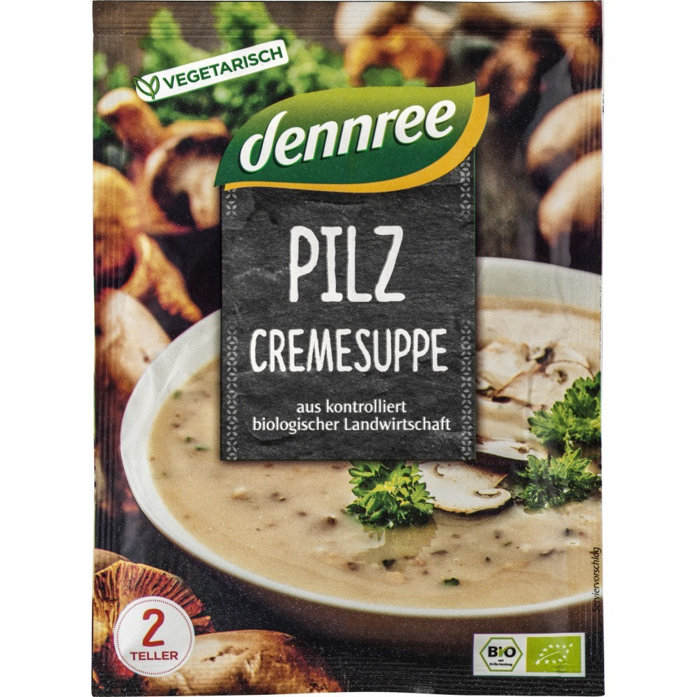 Supa cremă de ciuperci la plic Dennree 50g, ingrediente ecologice, fără aditivi, ambalaj maro și verde.
