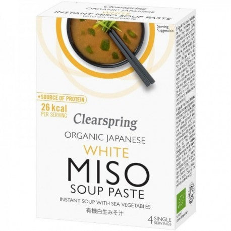 Cutie Supa Instant Miso Alb Clearspring cu alge, 60g, design modern, text negru pe fundal alb, 4 porții.