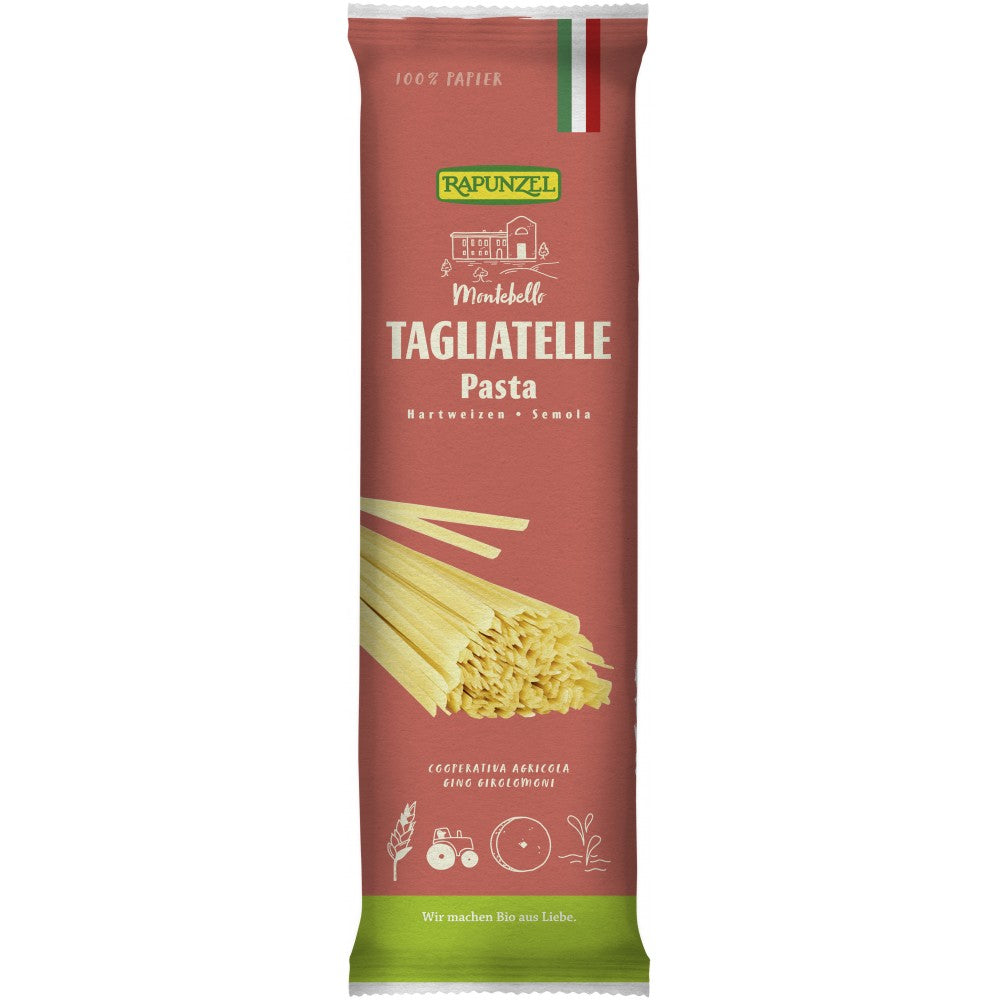 Tagliatelle semola bio 500g Rapunzel, ambalaj roșu-verde, pastă italiană din grâu dur.