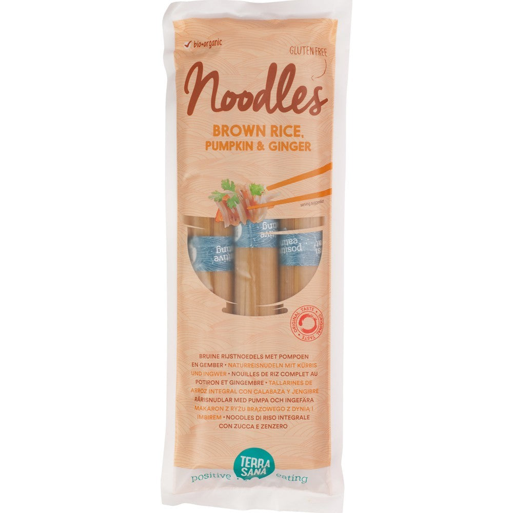 Taitei BIO de orez brun cu dovleac și ghimbir, TerraSana, ambalaj portocaliu.
