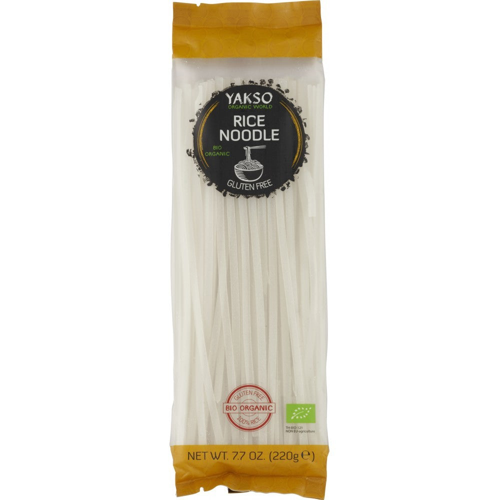 Tăiței de orez bio Yakso fără gluten 220g, ambalaj alb cu galben.