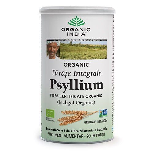 Tărâțe integrale de psyllium, 100% organic, 85% fibre, ambalaj alb-verde, Organic India.