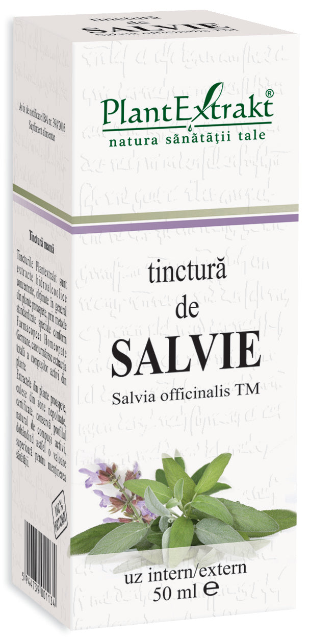 Tinctură de salvie PlantExtrakt 50 ml, cutie albă cu ilustratie frunze și flori de salvie.
