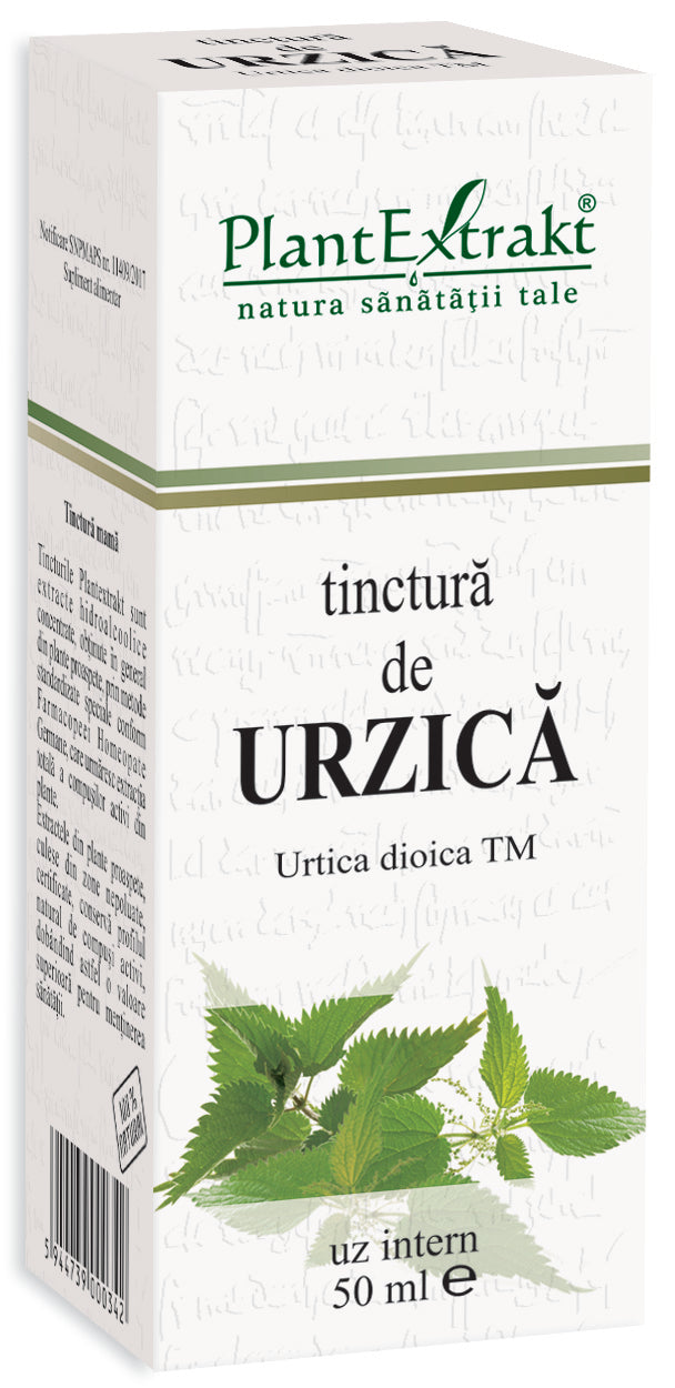 Tinctura de Urzică PlantExtrakt, 50 ml, cutie albă cu verde, planta ilustrată.
