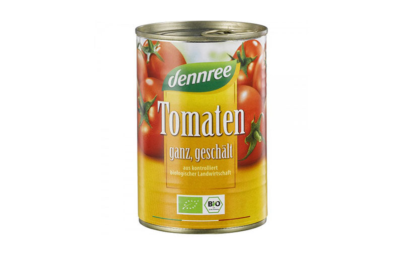 Tomate bio decojite Dennree 400g, ambalaj galben, roșii ilustrate, etichetă ecologică.