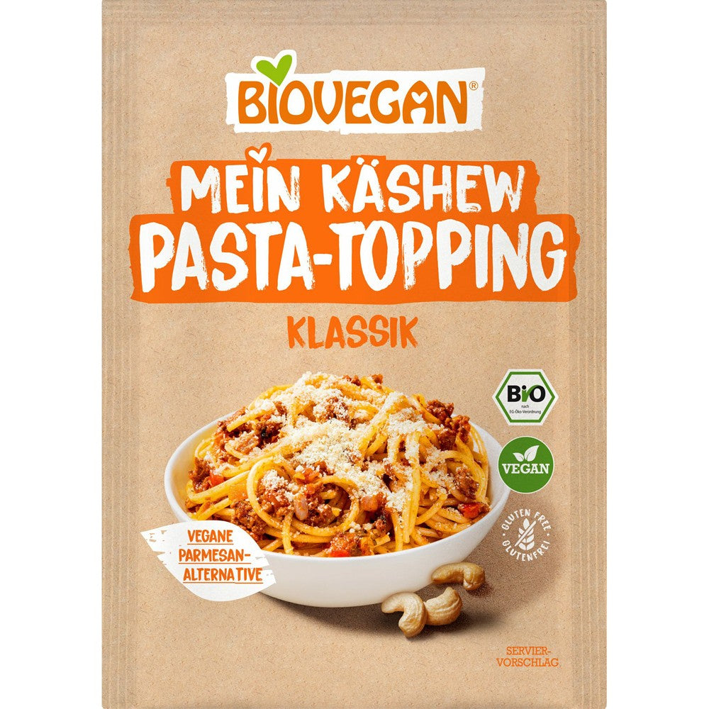 Topping vegan caju pentru paste 50g Biovegan, fără gluten, ambalaj maro cu imagine paste.