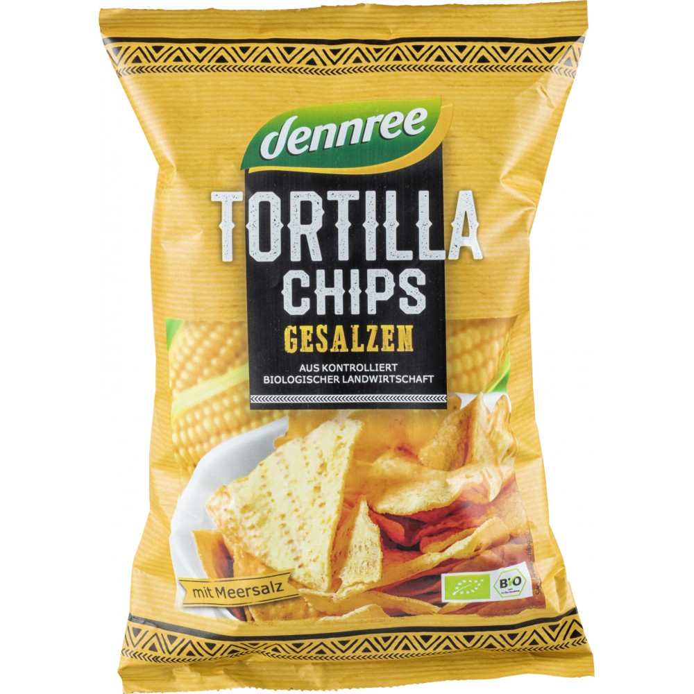 Tortilla chips cu sare eco 125g Dennree în ambalaj galben cu text alb și verde.