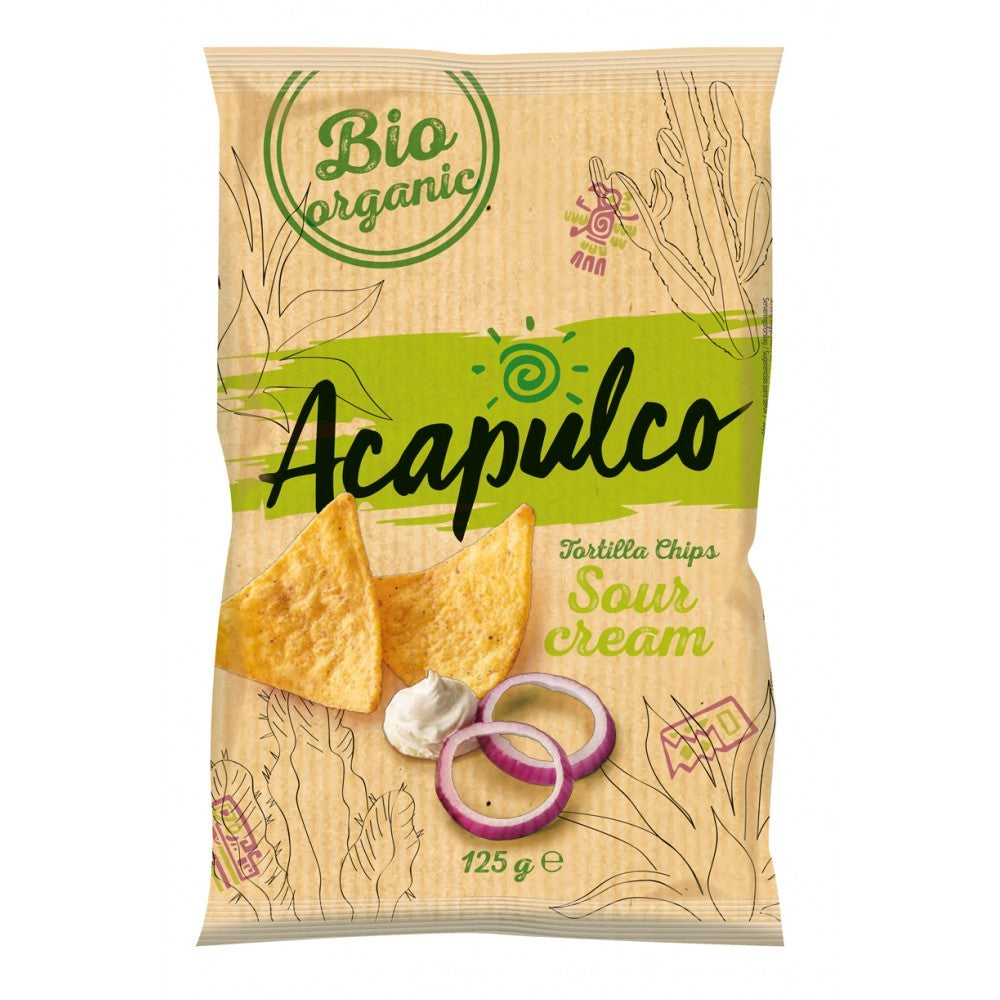 Tortilla chips smântână ceapă Acapulco 125g, bio, ambalaj crem cu detalii verzi.