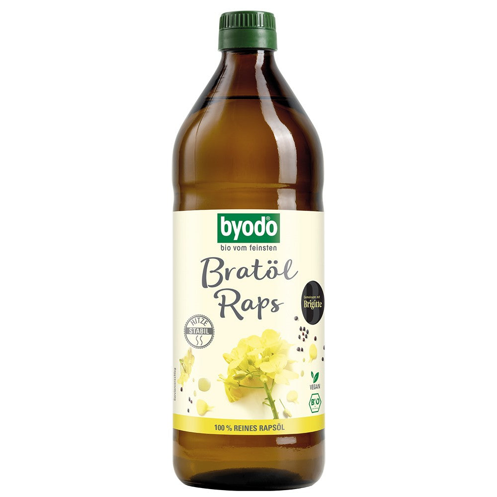 Ulei bio de rapiță Byodo, 750ml, sticlă maro, etichetă galbenă-verde.