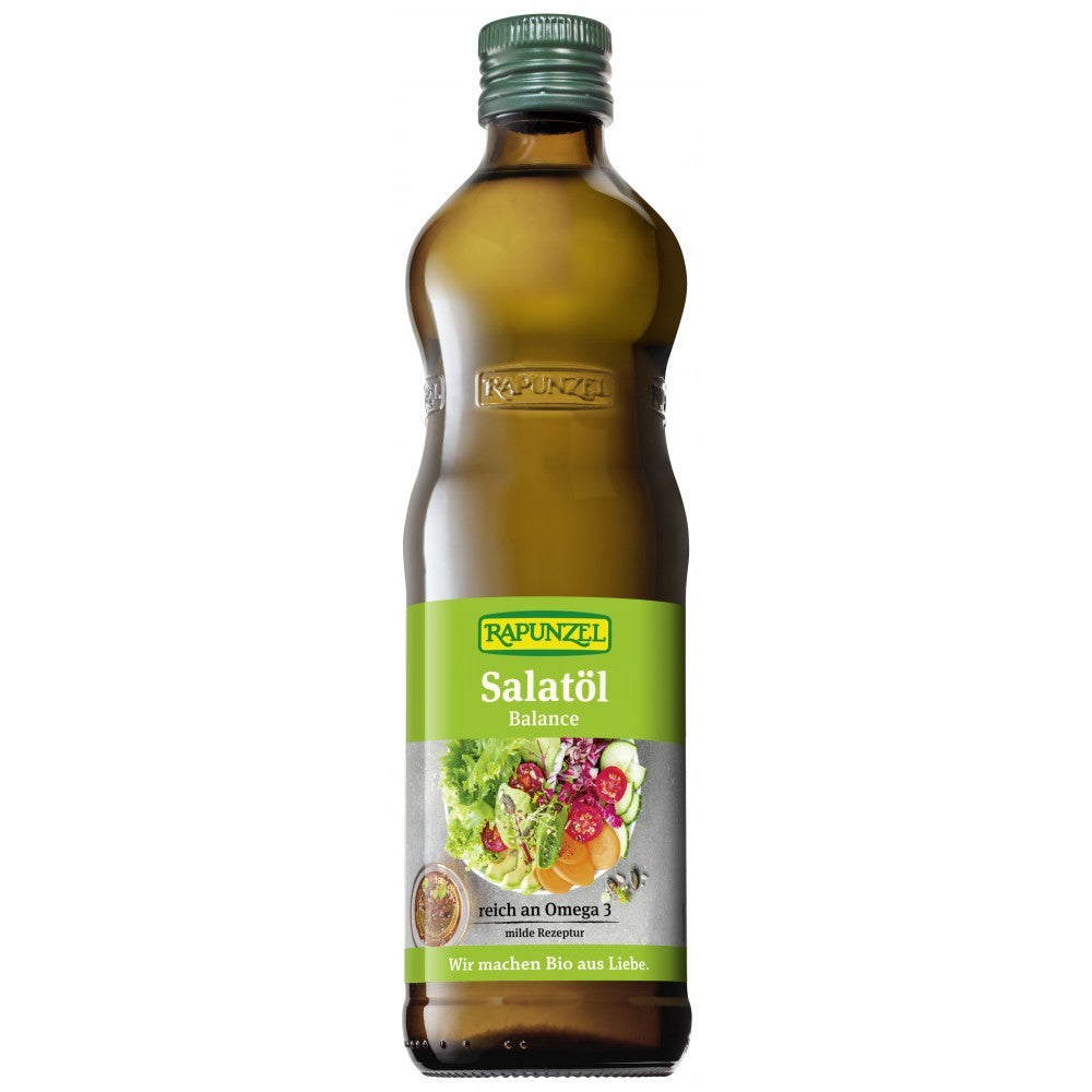 Ulei bio pentru salata Balance Rapunzel, sticlă maro 500ml, etichetă verde.